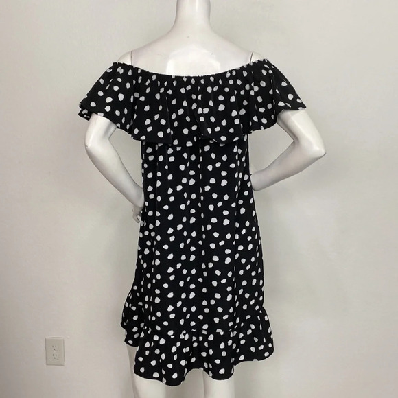 Merona Black White Polka Dot Print Ruffle Off The Shoulder Swing Dress Size L - Picture 7 of 9